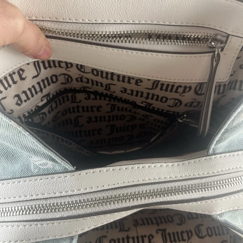 Juicy Couture Denim Monogram Back To Class Backpack RhinestoneLogo WhiteTrim NWT
